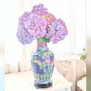 Floral Blue Vase with Purple Accents